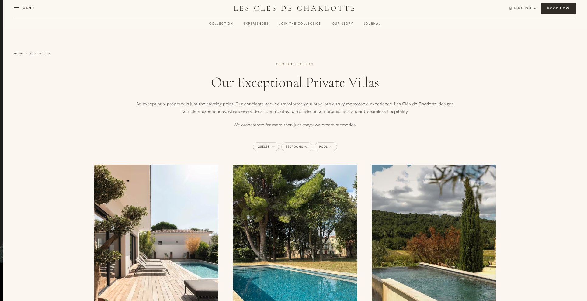 Les Clés de Charlotte's villa collection page, showing the redesigned brand and website.